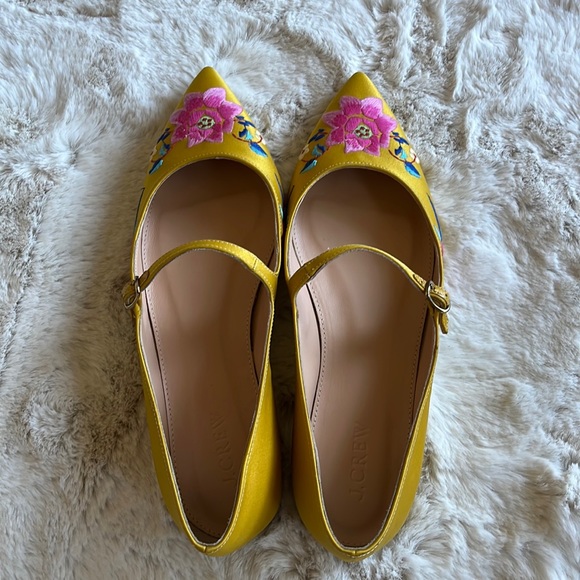 J.Crew Yellow Satin Mary Jane Flats with Embroidered Flowers